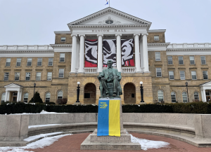 A Ukrainian flag hangs on the statue of Abraham Lincoln in front of Bascom Hall. April 9, 2024.